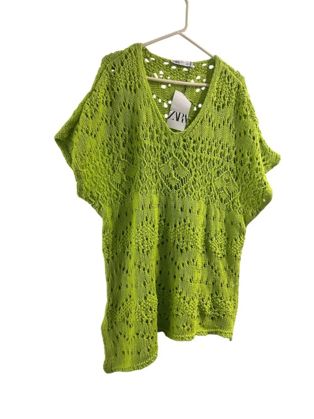 Zara Crochet Open Knit Tunic Top Womens M-L Green Asymmetrical Cover-Up Beach